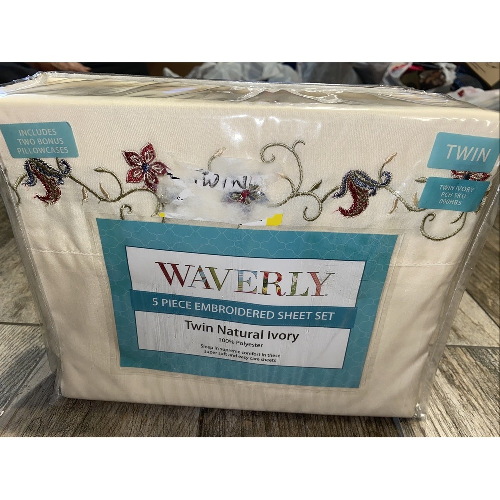 New Waverly Embroidered Floral 5pc Twin Sheets & Pillowcase Set Natural Ivory‎